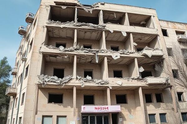 Exterior damage to Nasser Hospital in Gaza following an Israeli military strike targeting a suspected Hamas camera