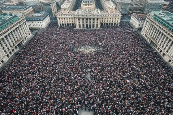 Aerial view of massive crowd at Tel Aviv Hostage Square protest demanding a Israel hostage deal